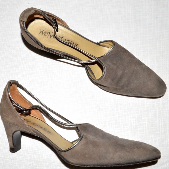YVES SAINT LAURENT VTG. SIZE 7.5 M GRAY SUEDE LEATHER D'ORSAY PUMPS HEELS ITALY - Picture 1 of 8